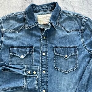 American Eagle AE Mens Denim Western Shirt Slim Fit Size LG Blue VTG Y2K